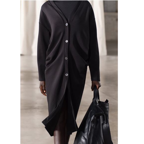 NWT-Zara-RUCHED LONG INTERLOCK JACKET-Small - Picture 1 of 7